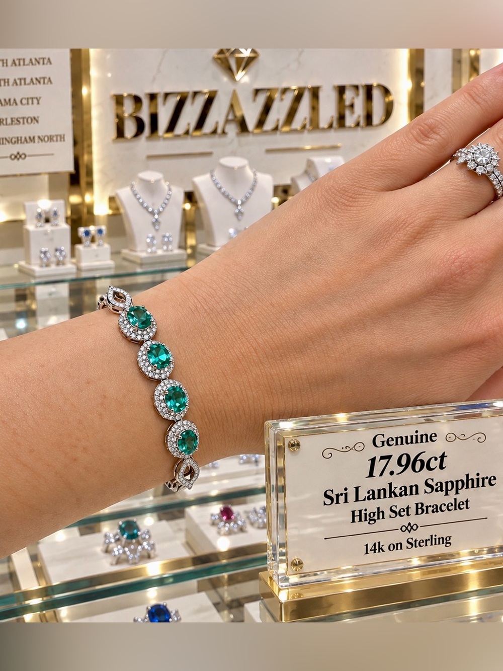17.96ct Sapphire Sea Green Blue white sapphire Bracelet 14k on Sterling
